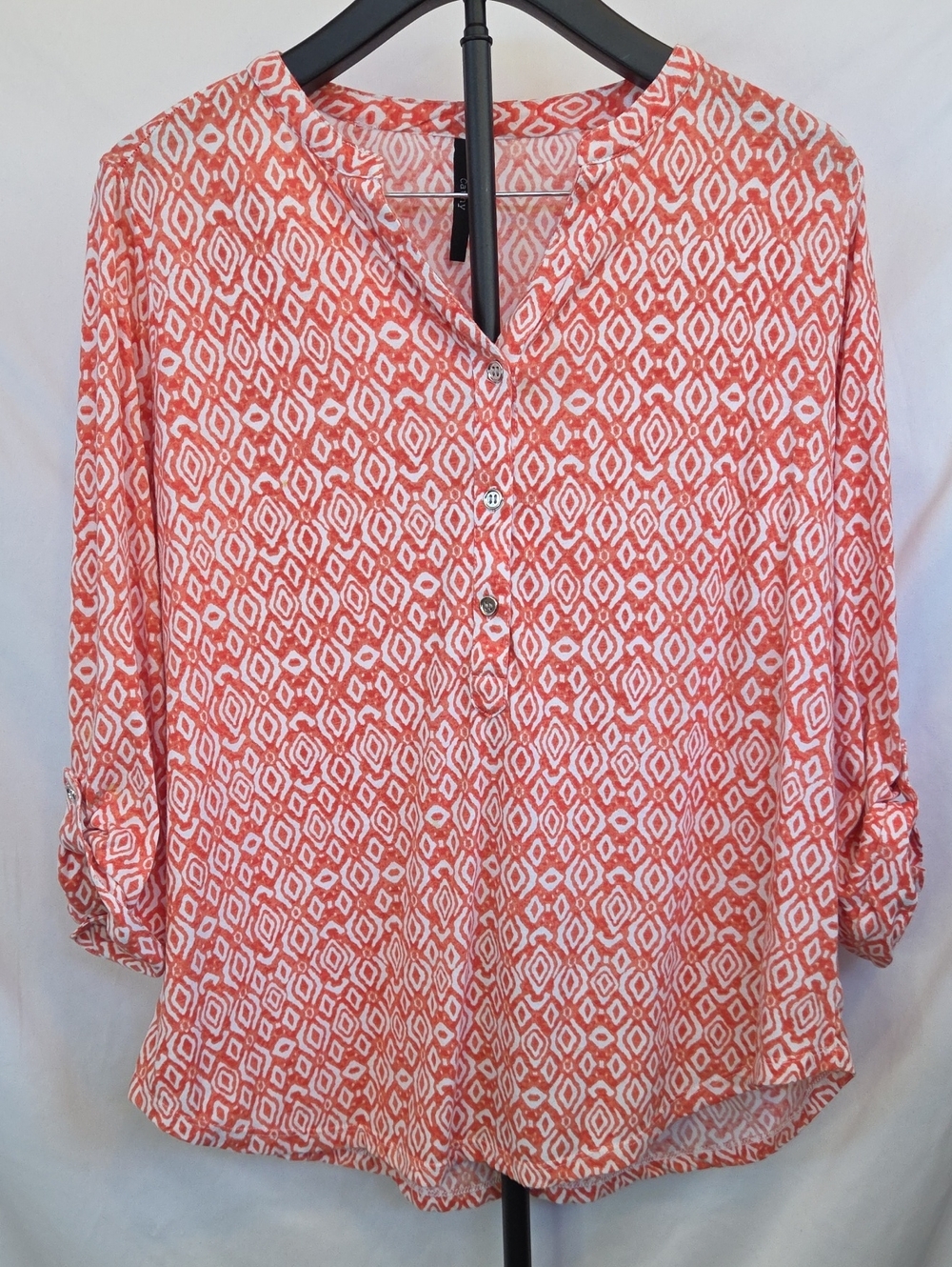 Cathy Coral & White Geometric Roll-Tab Blouse